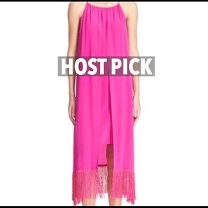 Trina Turk Fringe Overlay Silk Shirt Dress